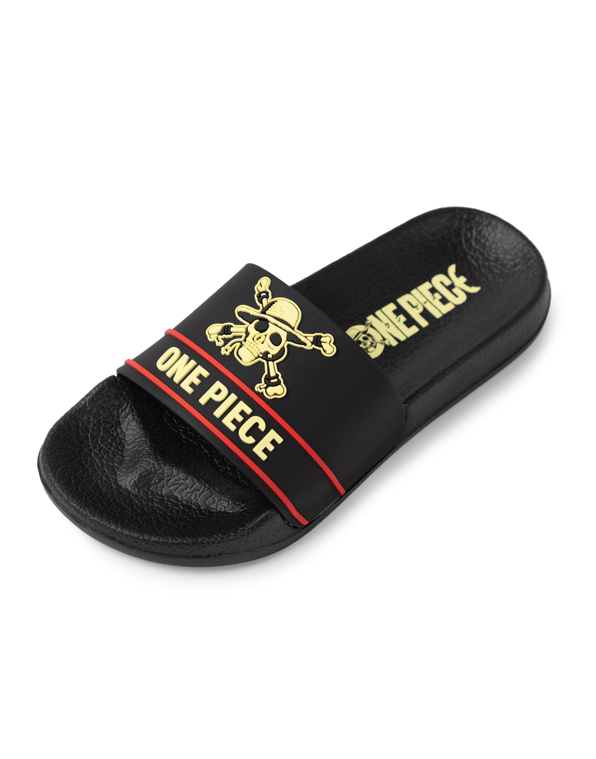 One Piece Claquettes noires pour garçon | Chaussures décontractées à l'effigie de l'emblème rouge et jaune | Vêtements d'extérieur et d'intérieur inspirés des dessins animés