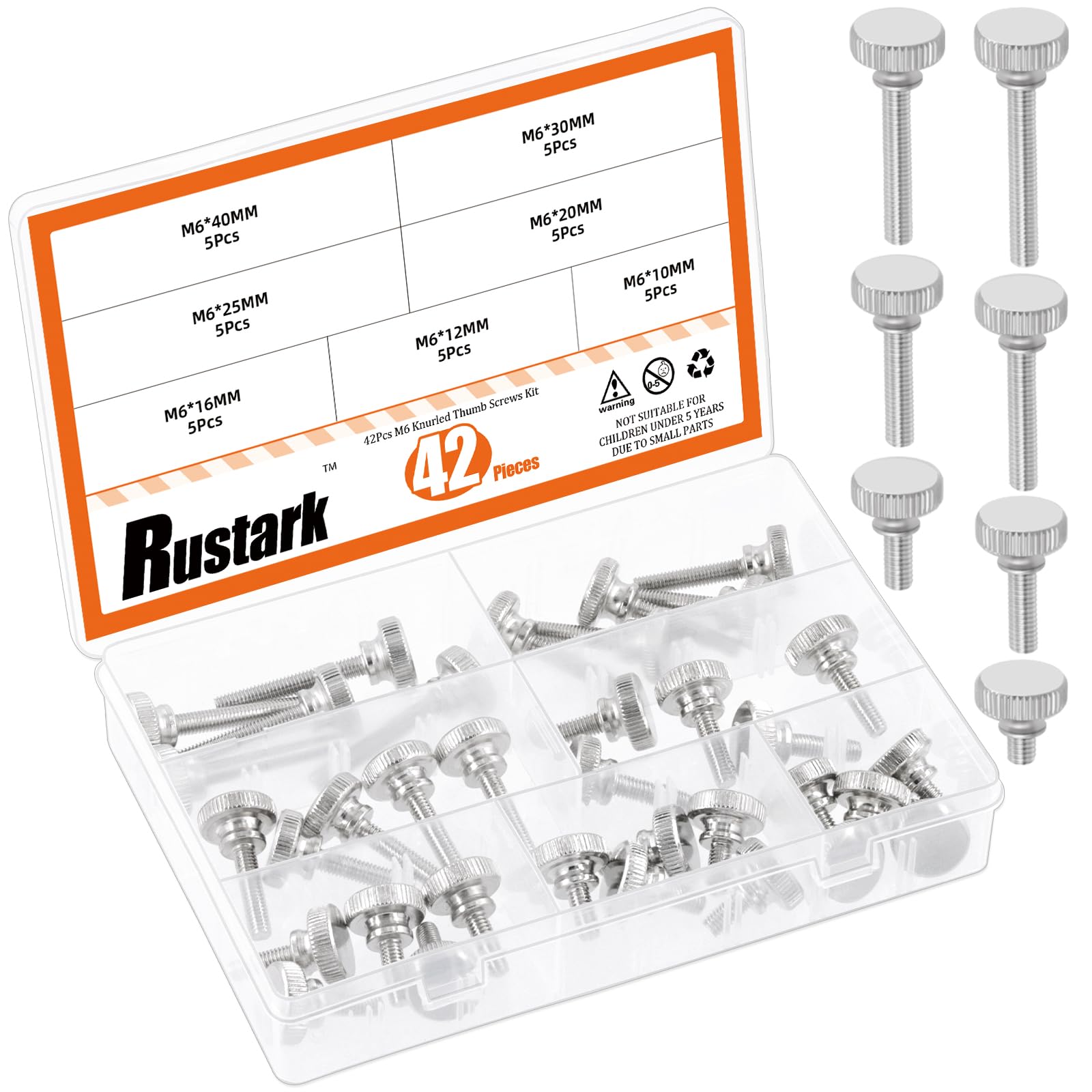 Rustark 35Pcs 7 Sizes M6 Nickle Plated Knurled Thumb Screws Flat Knurled Head Screws Fully Threaded Thumb Screws Bolts Fastener Grip Knobs Fasteners