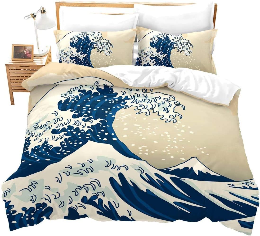 Wave Duvet Cover Set, Sea Ocean Waves Nautical Bedding Set Hand Drawn Japanese Motifs Illustration Wave Bedding Ukiyoe Themed Decorative Comforter Cover with Zipper Closure, King, Blue Cream