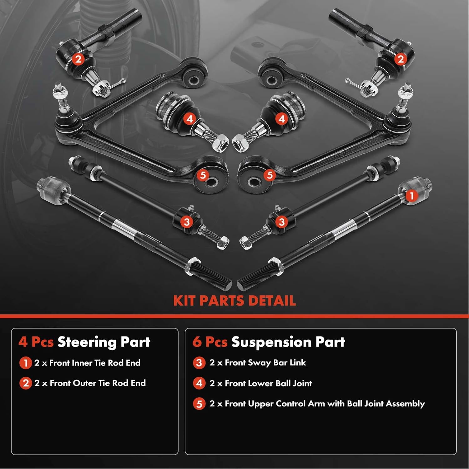 A-Premium 10Pcs Front Suspension Kit, Upper Control Arm, Lower Ball Joint, Sway Bar Link, Inner Outer Tie Rod End, Compatible with Dodge Ram 1500 2002 2003 2004 2005 4WD