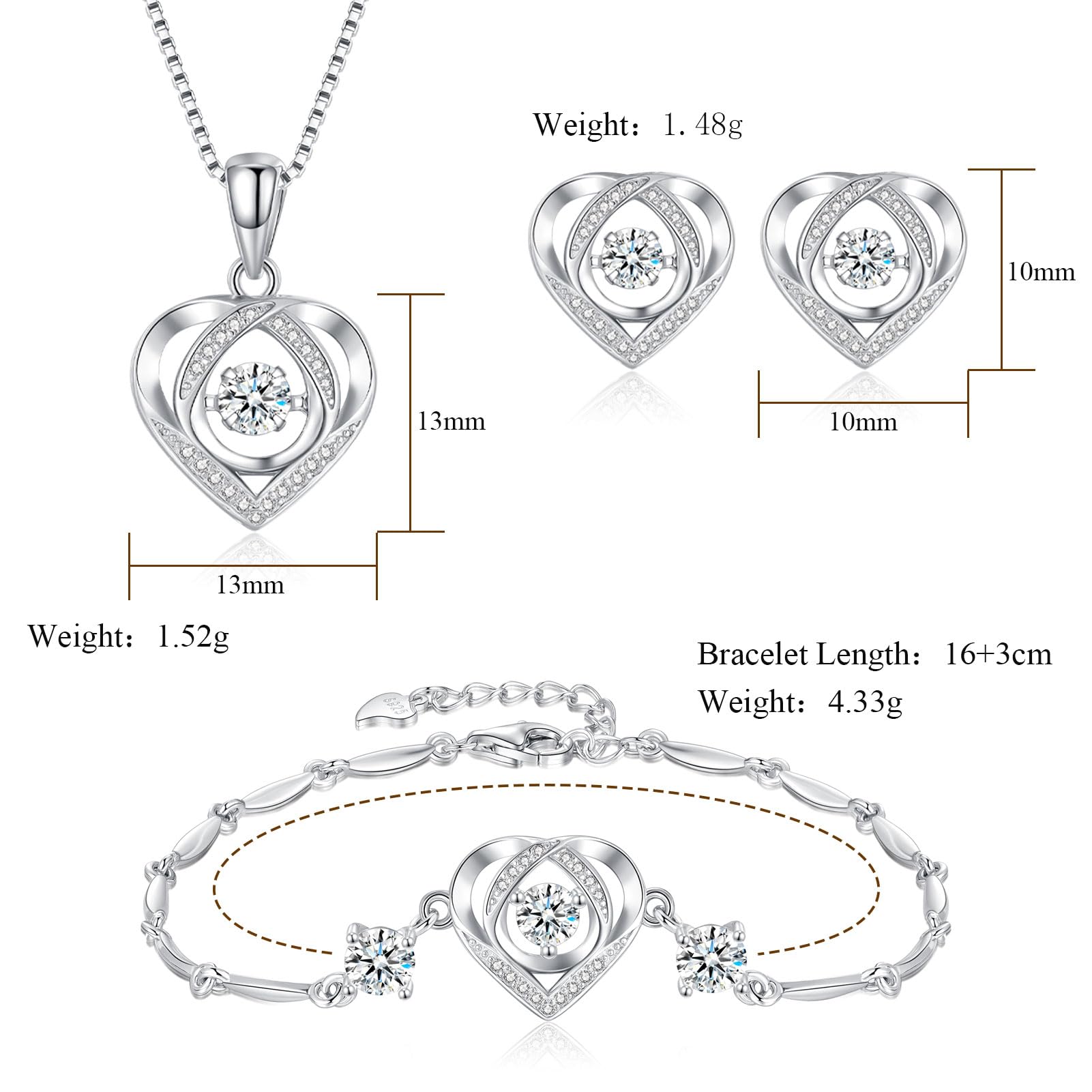 Silber Schmucksets für Damen, 925 Sterling Silber Herz Anhänger Halskette & Ohrringe Ohrstecker & Armband Set, 3 Stück Schmucksets mit Weiß/Rosa/Blau Zirkonia, Süße Schmuckset mit Geschenkbox