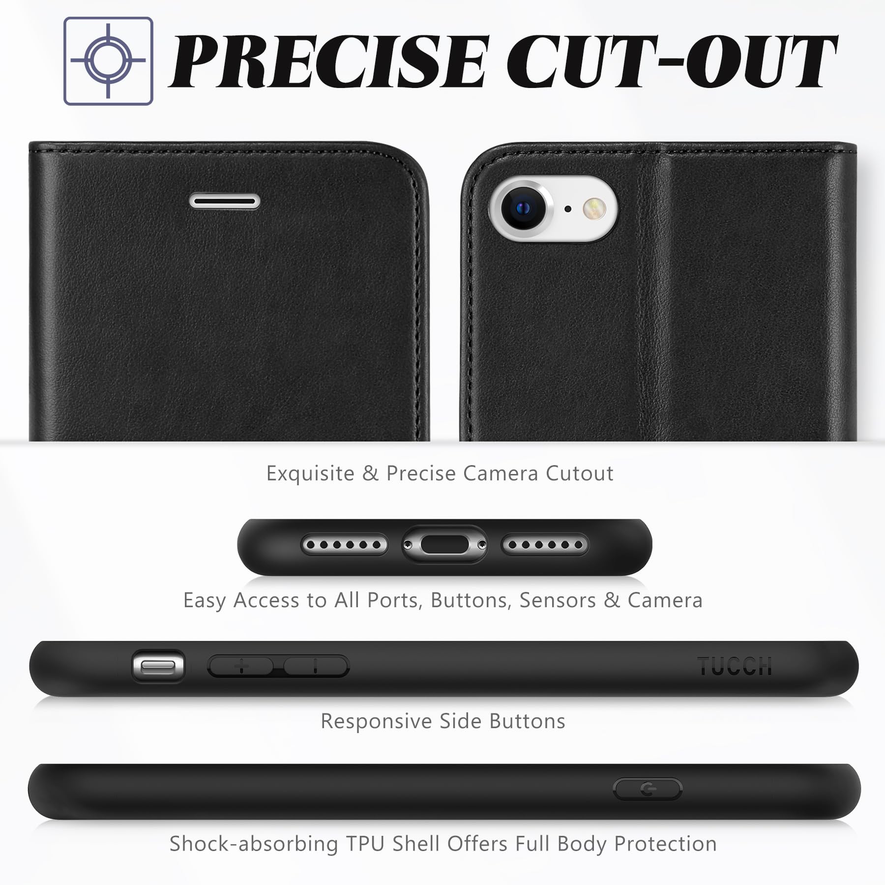 TUCCH Custodia per iPhone SE 2022, per iPhone SE 2020 per iPhone 8, per iPhone 7 Portafoglio Chiusura Magnetica Tasca Carte Portacellulare Antiurto per iPhone SE3/SE2/8/7 (4,7”), Nero