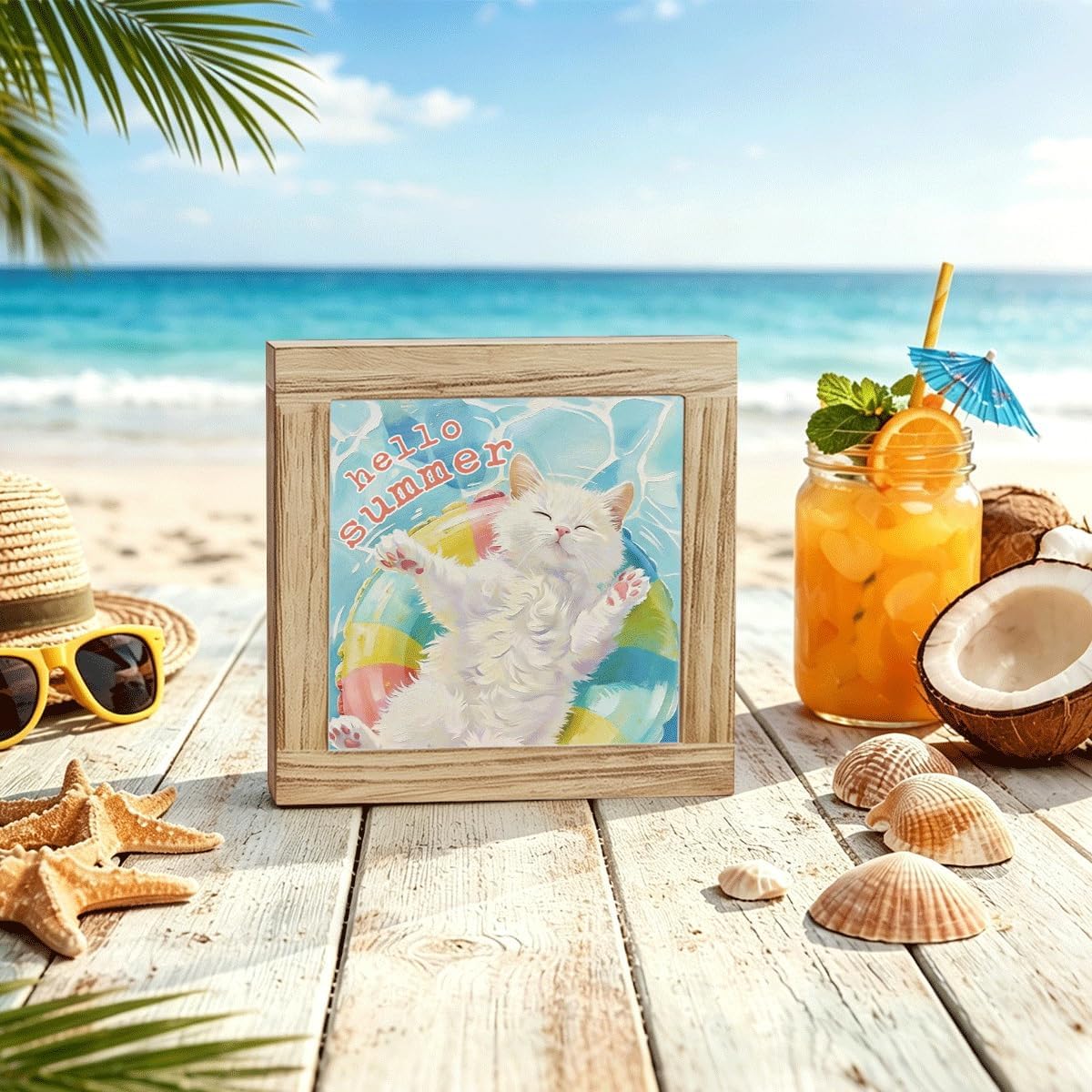 Cat Wooden Box Sign Hello Summer Cute Kitten Pool Float Tiered Tray Tabletop Decor for Home Desk Shelf Pet Lover Coastal Summer Decoration Gift image 4