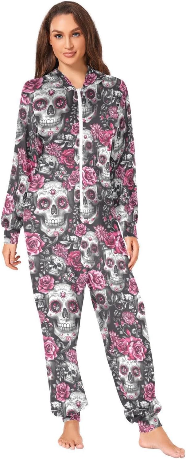 ZZKKO Skull Pink Flower Adult Onesie Pajamas for Women Men Cozy One Piece Pajamas Costume Zip-Up Hooded S-XL