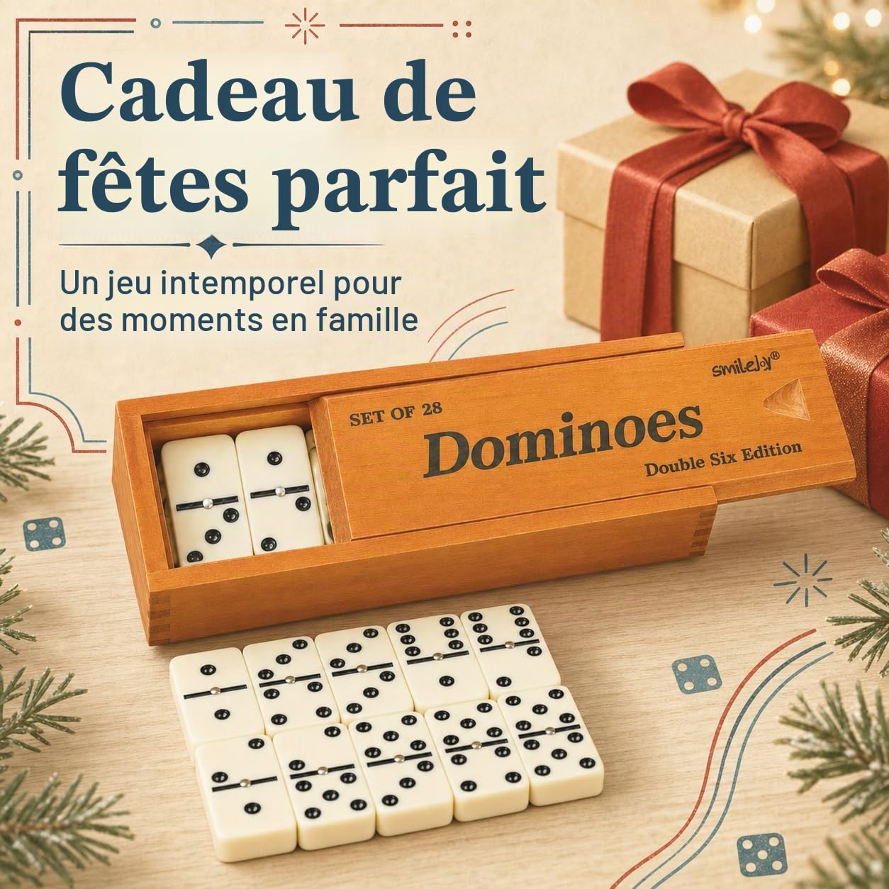 Smilejoy Dominos pour adultes – Dominos de taille Jumbo Double Six Edition – Jeux de société classiques – Ensemble de dominos épais double 6 avec boîte en bois marron de luxe, 28 carreaux (2 à 4