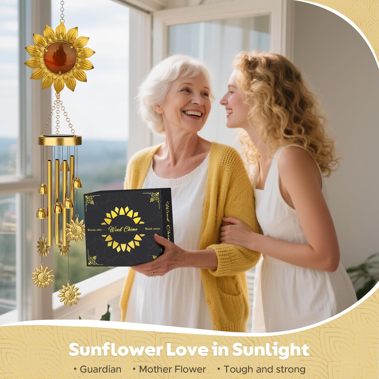 JYPS Solar Wind Chimes with Sunflower LED Lights, 42-Inch Large Waterproof Outdoor Garden Decor for Patio Yard, Unique Gifts for Women Mom Grandma, Mother's Day Christmas Birthday Easy-Install Design - Image 2