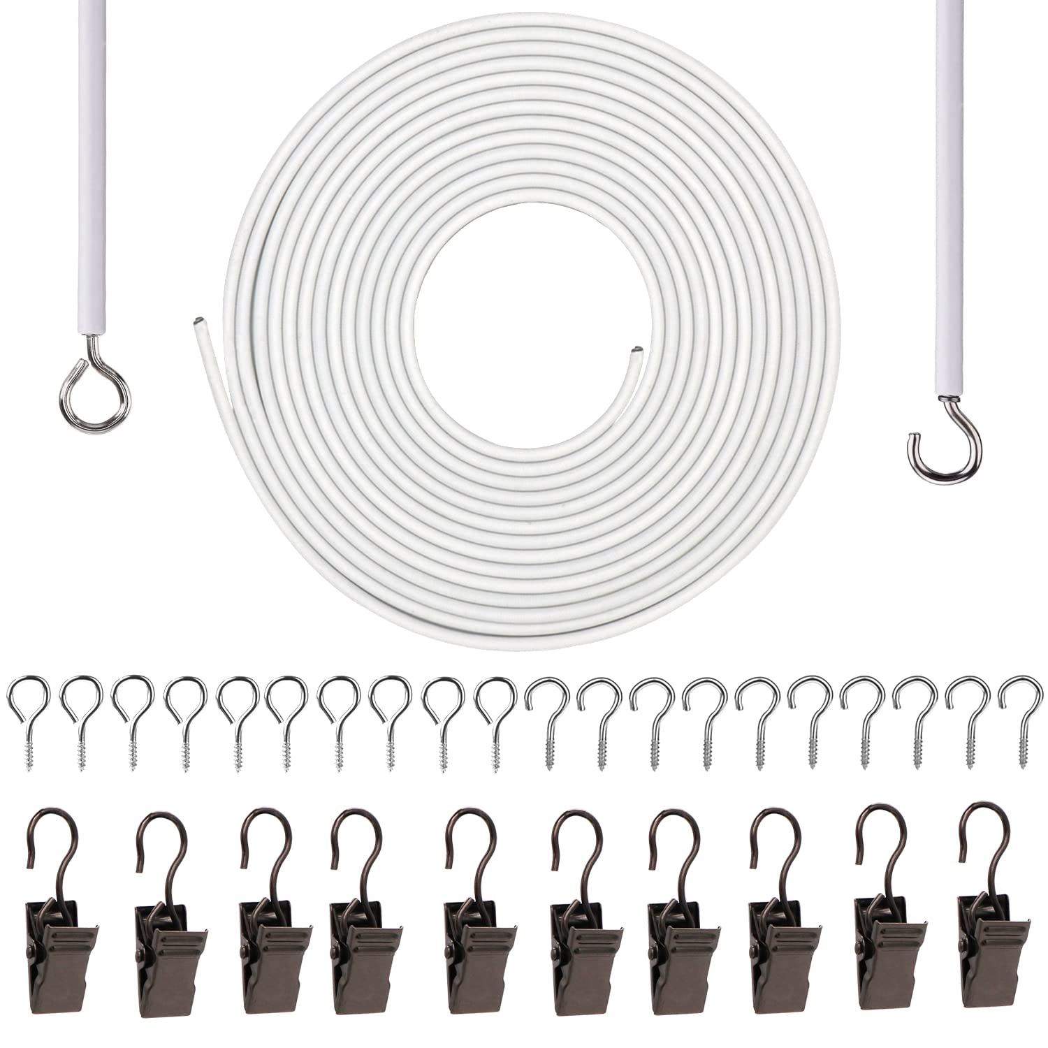 GUKBIAY Curtain Wire 6 Meter Wall Decor Picture Hanging Kit with 10 Clips 10 Pairs of Screw Eyes and Hooks for Net Curtain Rods Clothesline Hanging Decor