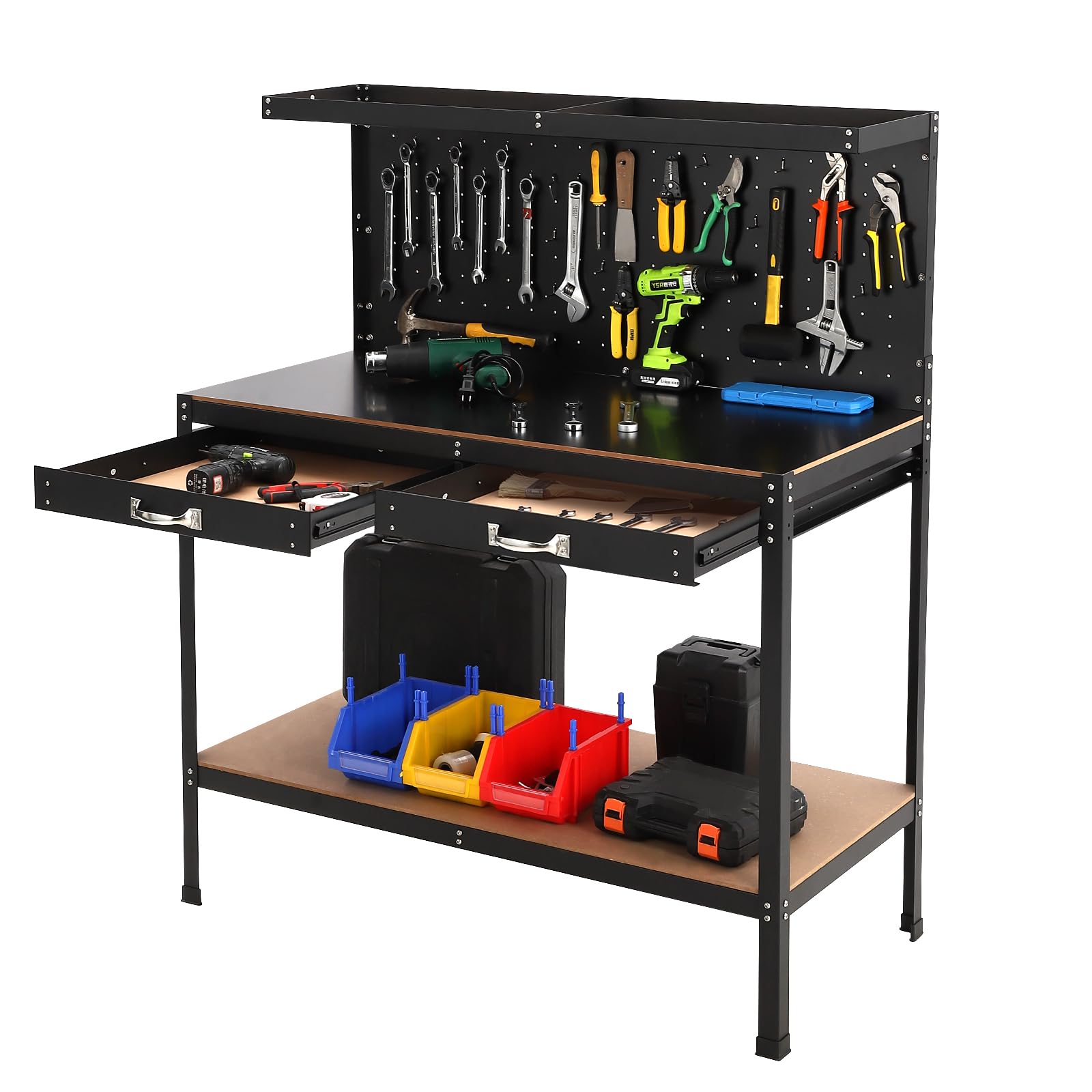 56 Inch Workbench, Tools Cabinet Working Tables Workbench Tool Storage Workshop Table with Drawers and Pegboard, 420lbs Weight Capacity, 45.3" L×21.8" W×56.7" H Black