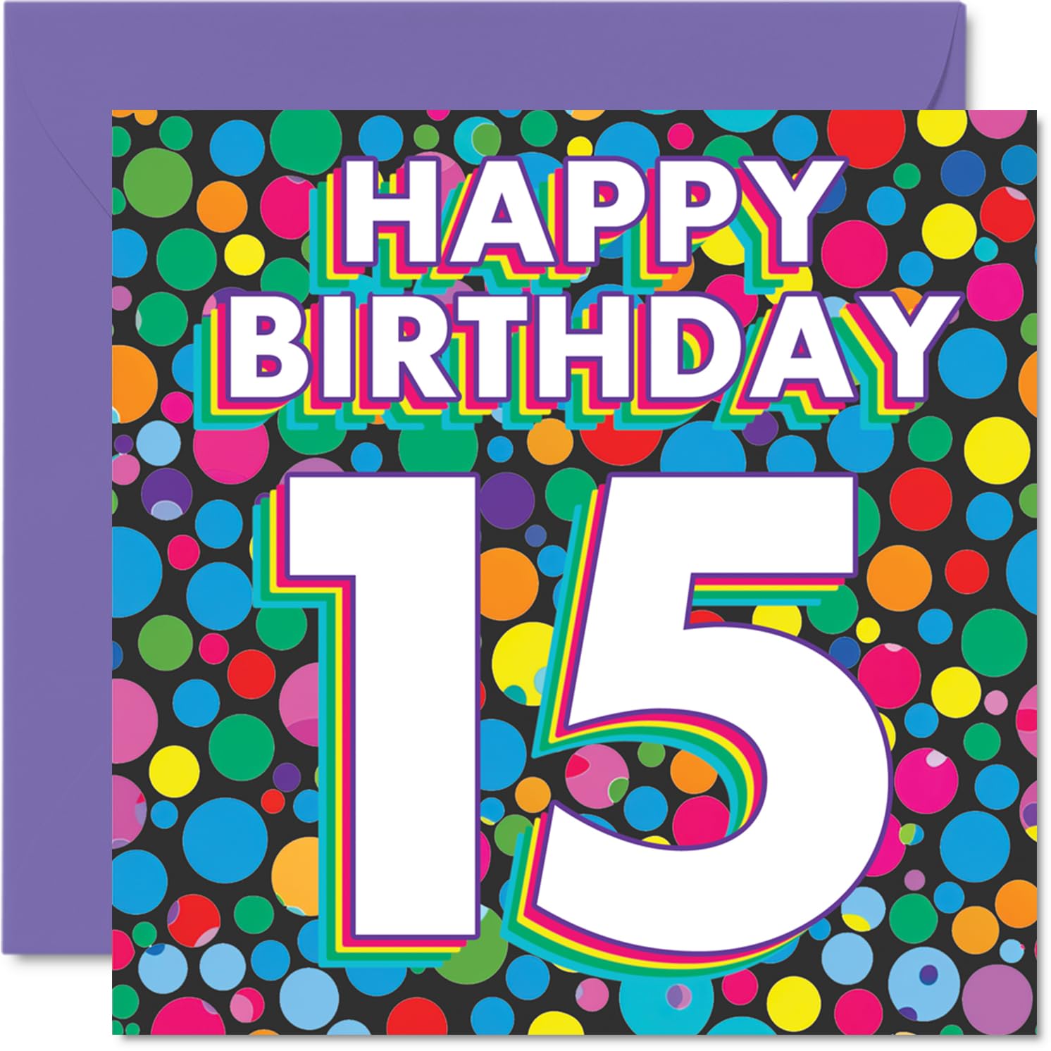 15th Birthday Cards for Girls Boys - Funky Rainbow Dots - Happy Birthday Card for 15 Year Old Girl Boy Nephew Daughter Son Grandson, 145mm Bday Greeting Cards