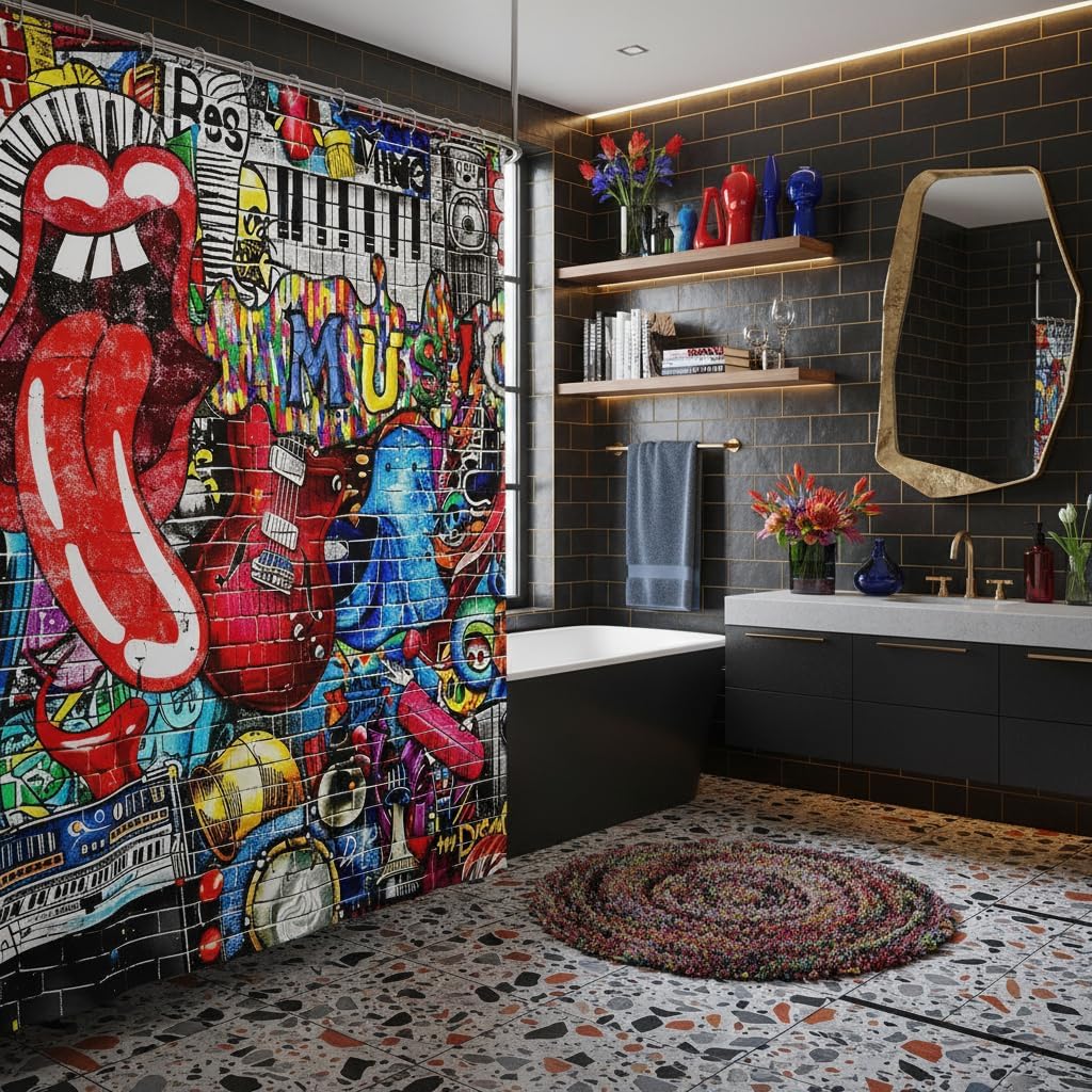 Homewish Music Themed Graffiti Shower Curtain, Teens Girls Colorful Brick Wall Graffiti Bathroom Fashion Red Lips 3D Print Waterproof Curtain Boys Hippie Style, 12 Hooks, 72" W x 78" L