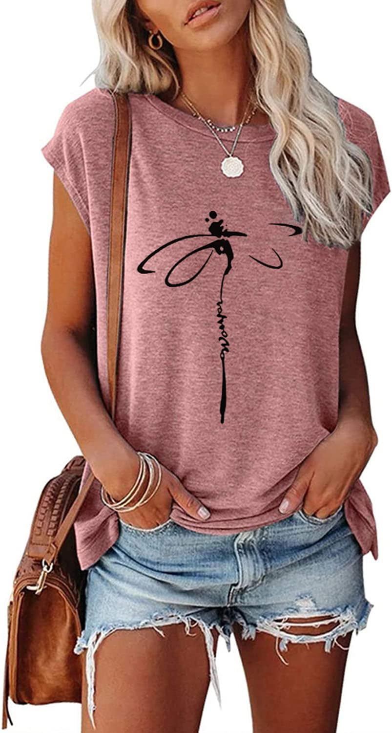 JNIFULI Women's Graphic Tees Casual Summer Funny Dragonfly Printed Short Sleeve Cute T Shirts Tops