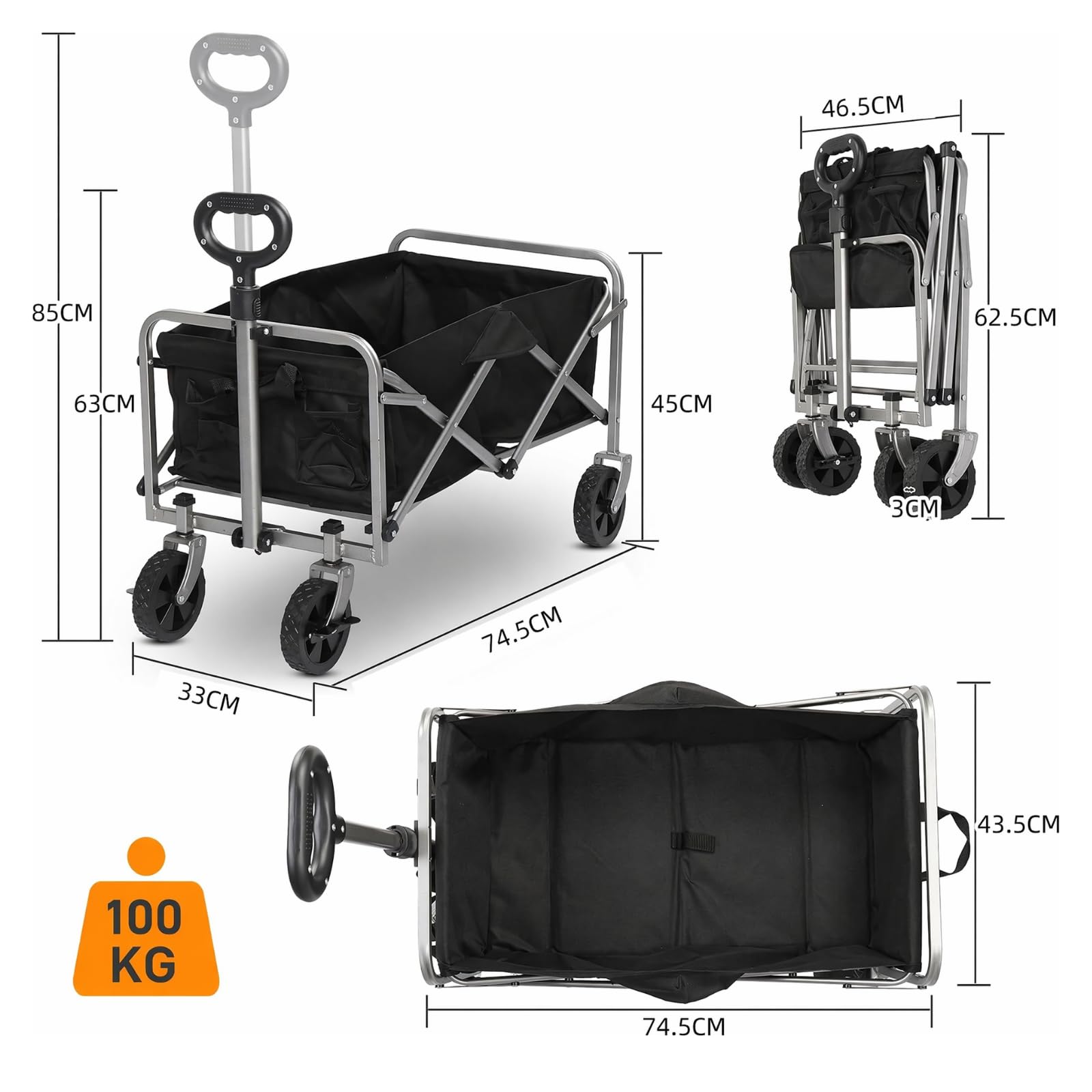 LEADZM Chariot Pliable, Chariot à roulettes avec Jusqu’à 100KG, Petit et léger, pour Transport, Extérieur Camping, Jardin, Festival, Noir argenté