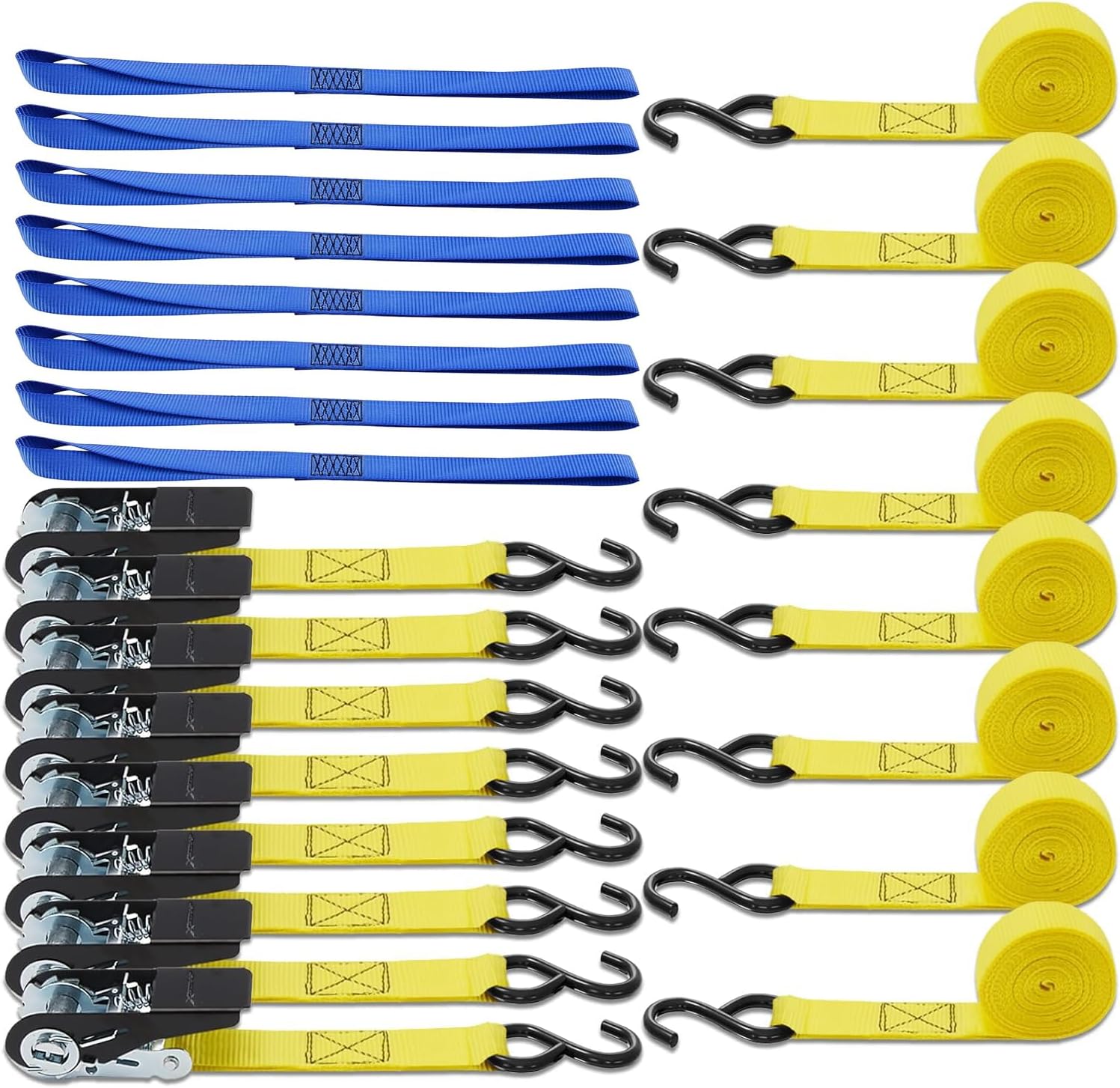 XSTRAP STANDARD Ratchet Tie Down Straps 8PK & Soft Loop Tie-Down Straps 8PK Combo - Heavy Duty Cargo Securing Set for Motorcycle, ATV, UTV, Appliances, Lawn Equipment