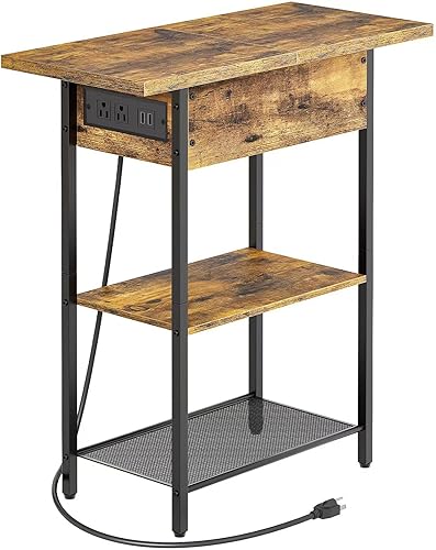 YSVCO Mesa auxiliar, mesa auxiliar con estación de carga, mesita de noche con tapa abatible, mesa auxiliar estrecha para sala de estar, diseño retro