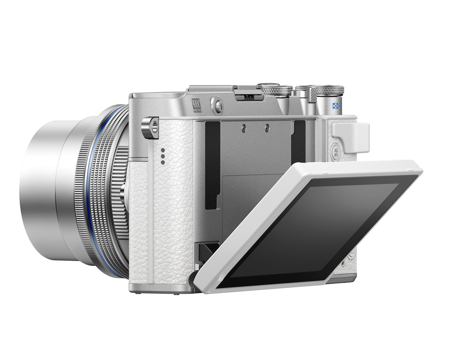 Kit de cámara Olympus Pen E-P7 Blanca, Sensor de 20 MP, LCD de Alta definición abatible, 4K, Wi-Fi, Control de Perfil Monocromo y del Color, Incluye M.Zuiko Digital ED 14-42 mm EZ Plata