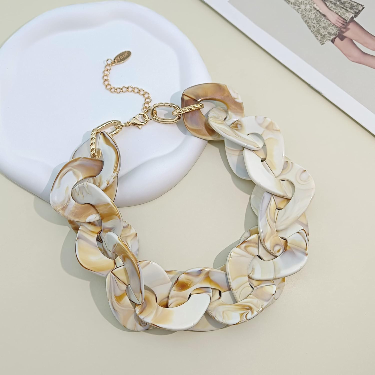 Bocar Statement Chunky Acrylic Cuban Choker Necklace Fashion Bib Collar Chain Necklace for Women(NK-10666-AntiqueWhite) - Image 3