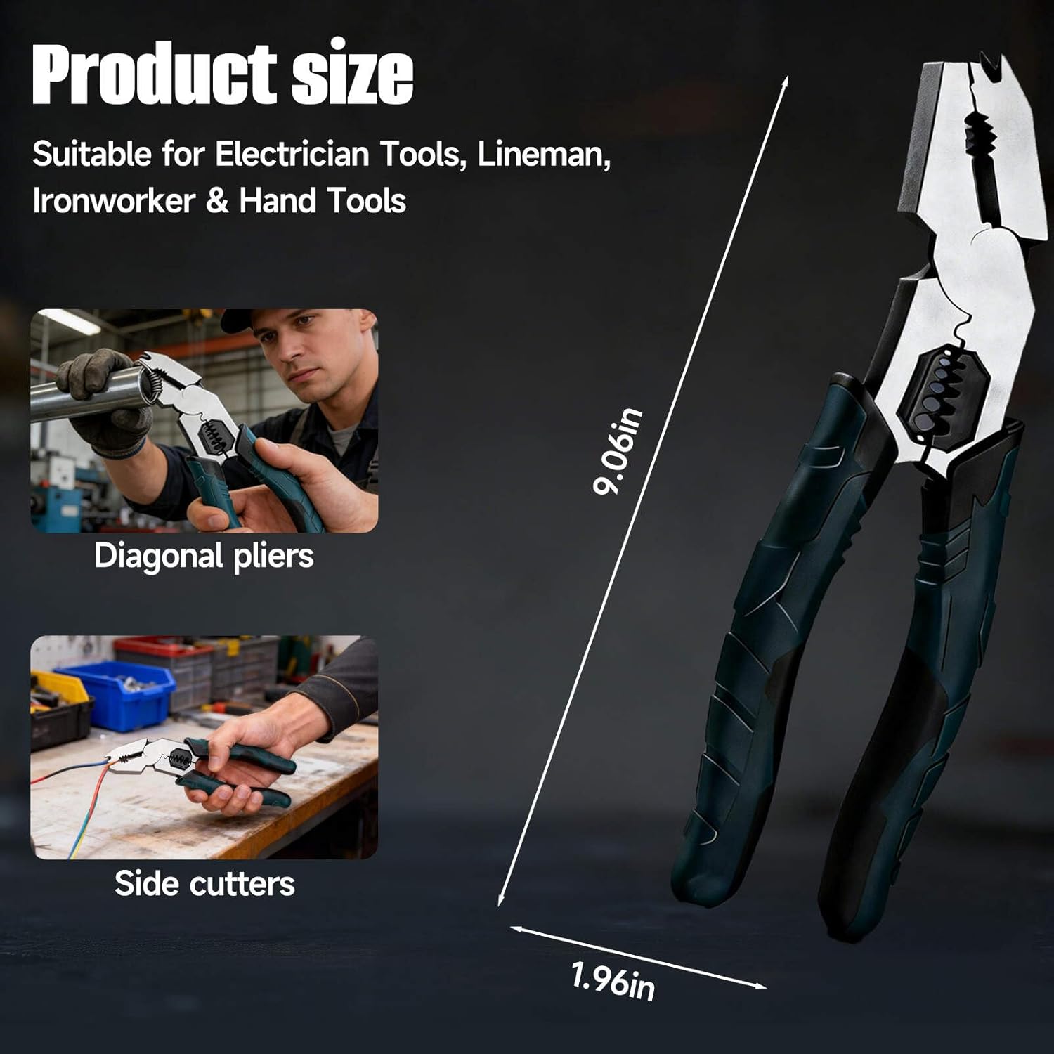Industrial-Grade Multi-function Cutting Pliers, High-Leverage 8-in-1 Pliers with Nail Puller, Heavy-Duty Wire Cutters & Wire Stripper for Electrician Tools, Lineman, Ironworker & Hand Tools
