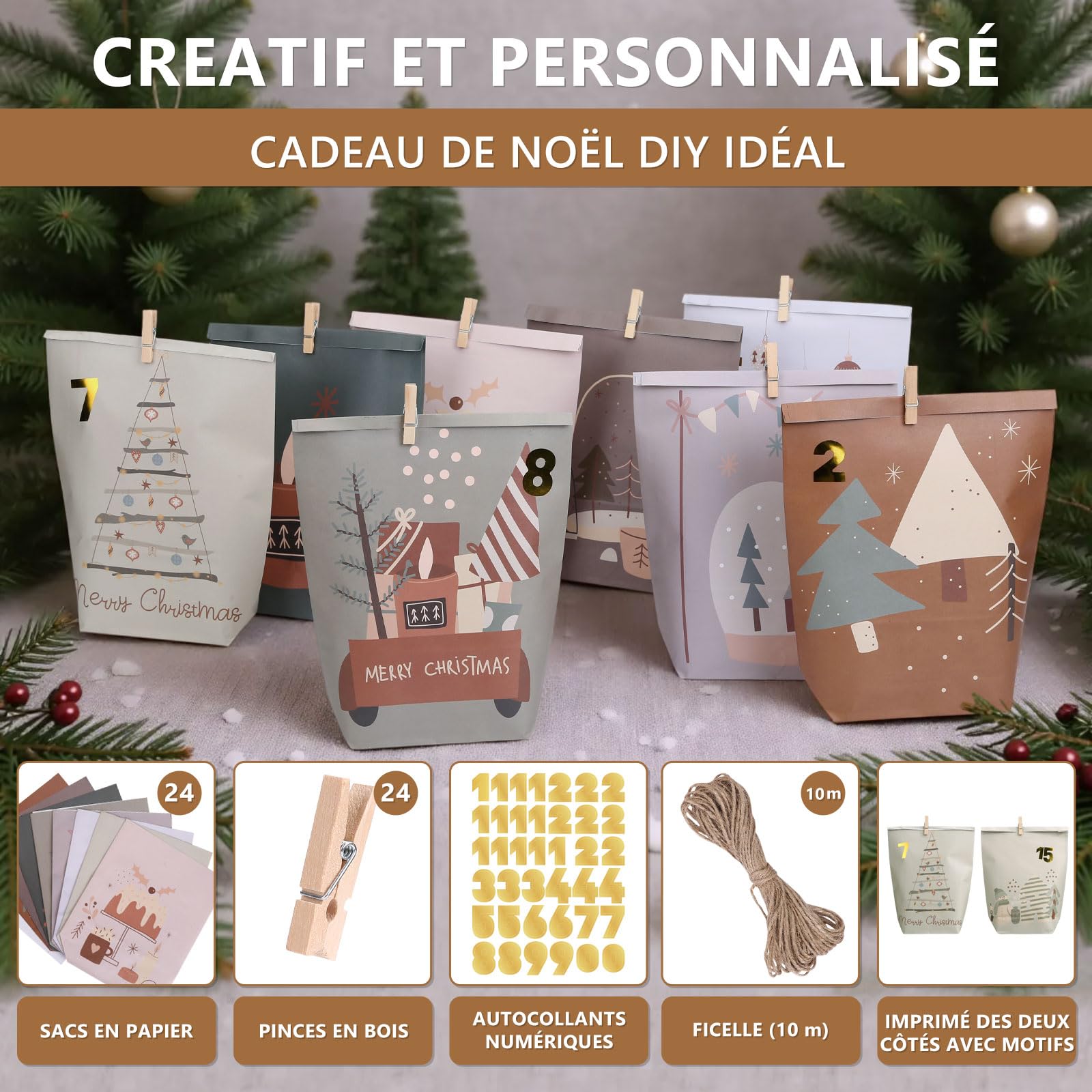 Kit 24 Pochettes Calendrier De L'Avent à Remplir Soi-même – Sacs Kraft + Pinces Bois – Déco Noël DIY