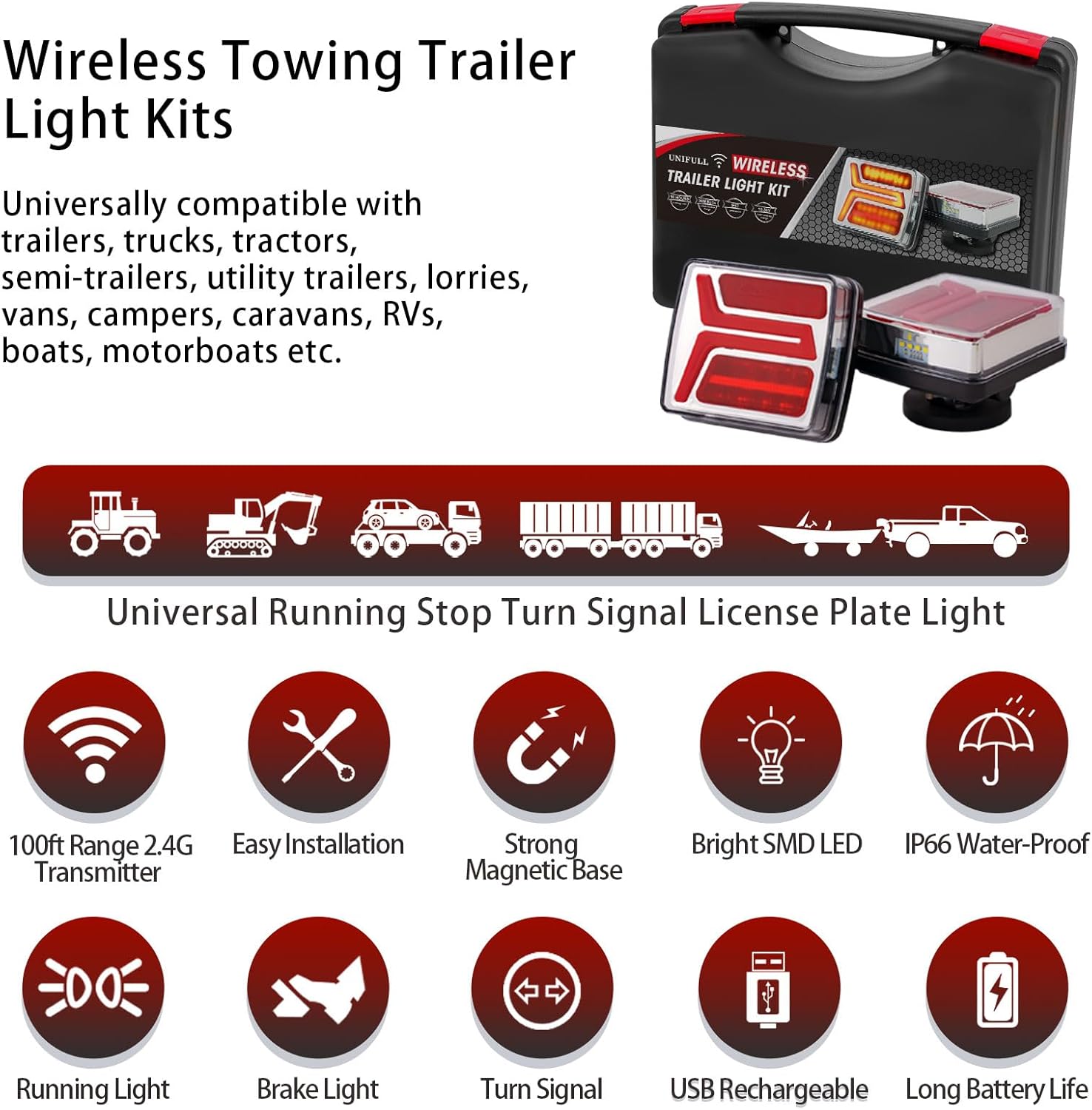 Wireless Trailer Light, Magnetic Towing Lights Kit for Trailers, Rechargeable LED Wireless Trailer Light Portable for Trucks, Tractors, Lorries, Vans, Campers, Boats