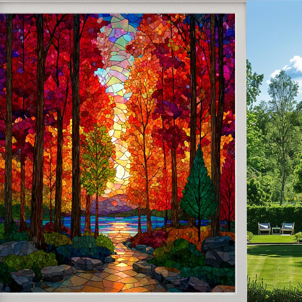 Fantasy Forest Frosted Window Film, Stream Autumn Trees Landscape Stained Glass Privacy Film, Heat Insulation Self-Adhesive Vinyl for Bathroom Office, （90x140cm）