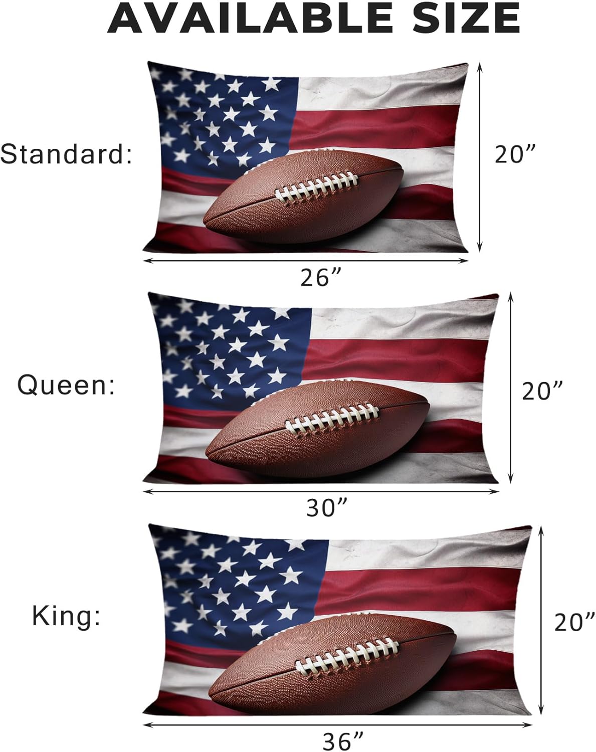American Football Pillow Cases King Size Set of 2 - Soft Breathable Microfiber Pillowcases with Envelope Closure, American Flag Sports Theme Patterned Pillow Covers, Football Decor