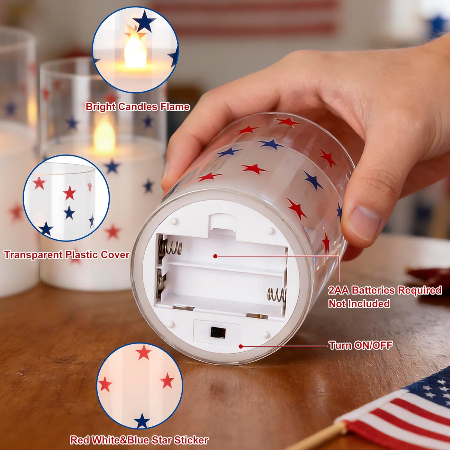 4th of July Candles, Glass Flameless Pillar Candles with Remote and Timer, Red White Blue Star Patriotic LED Candles, Battery Operated Independence Day Indoor Decor Set of 3