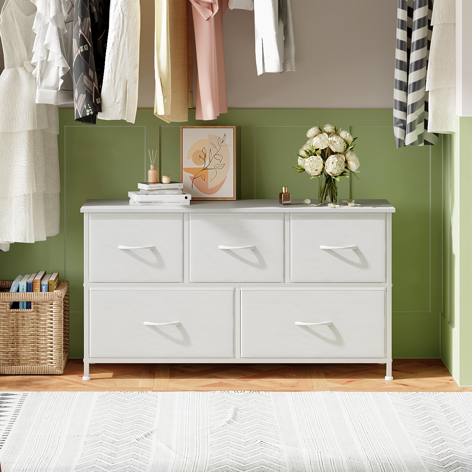 Somdot Commode Chambre, Commode en Tissu avec Cadre en Acier, Meuble de Rangement pour Salon Couloir Entrée, 30P x 100L x 55H (5 Tiroirs), Blanc