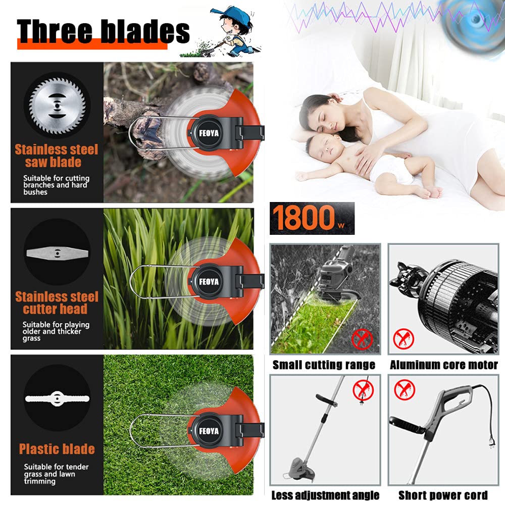 Desbrozadora de batería multifunción 3 en 1 con cortadora de césped eléctrica con desbrozadora Cortacésped Manual con Cabezal Ajustable y Mango telescópico para jardín, césped,21v Black Orange