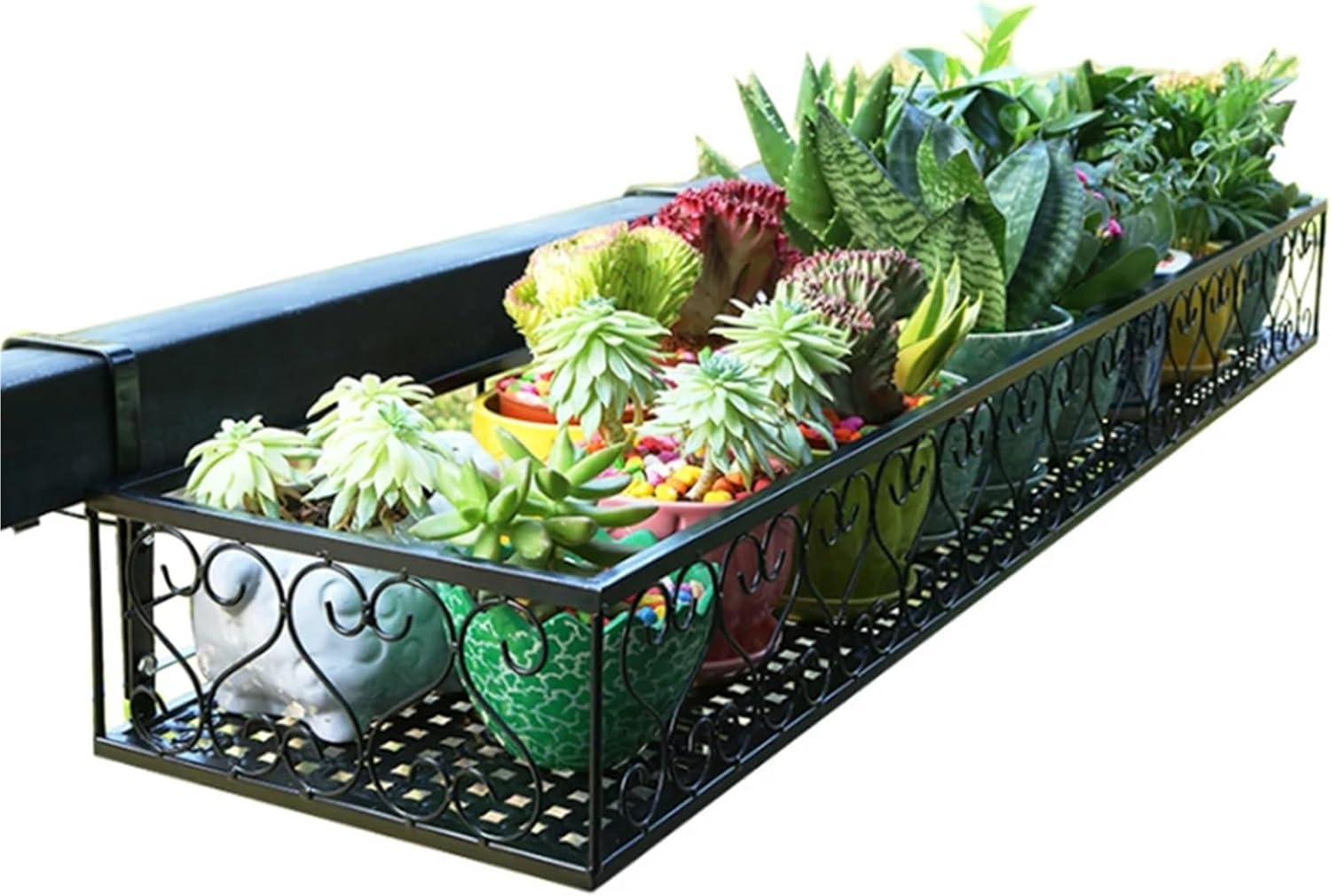 Iron Hang-ing Flower Railing Shelf Basket with Hooks Balcony Planter Pots Stand Holder for Outside 1-Tier