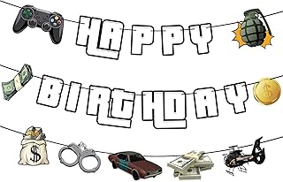 HOMEZZO Urban Crime Theme Happy Birthday Banner – Video Game Inspired Party Decoration with Helicopter, Cash, and Getaway Car Elements for Boys' Birthday or Gamer Party Decor