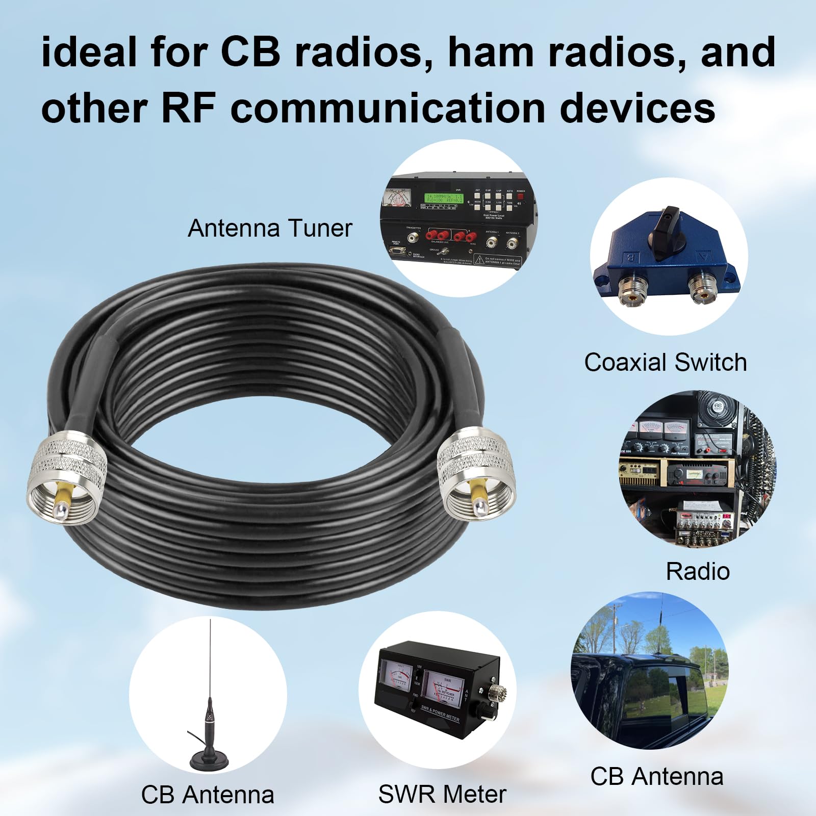 XRDS -RF RG58 Cavo coassiale CB 15,2 m, 50 Ohm con connettori maschio UHF PL-259 – Cavo coassiale flessibile e durevole per radio CB, radio Ham, antenna, misuratore SWR, SDR