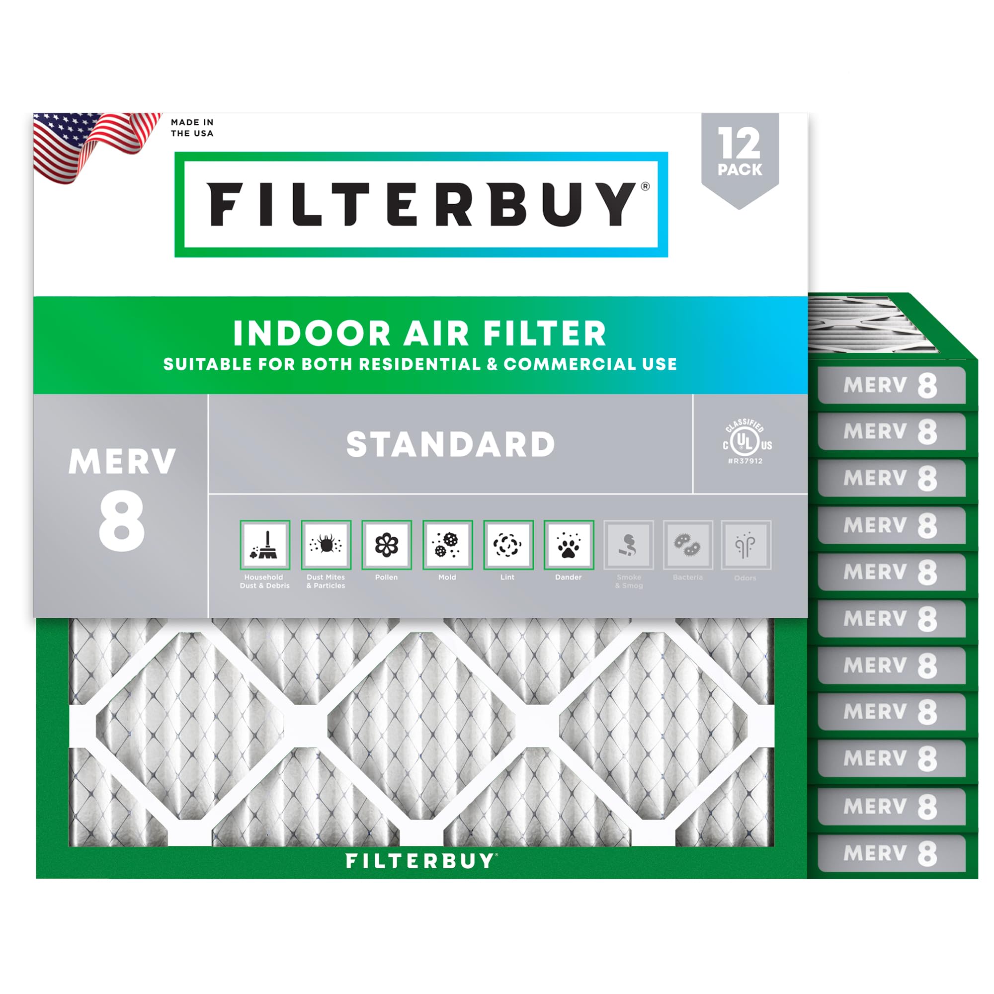 Filterbuy 17.5x17.5x1 Air Filter MERV 8 Essential Dust & Allergy Defense (12-Pack), Electrostatic Pleated HVAC AC Furnace Filters Replacement (Actual