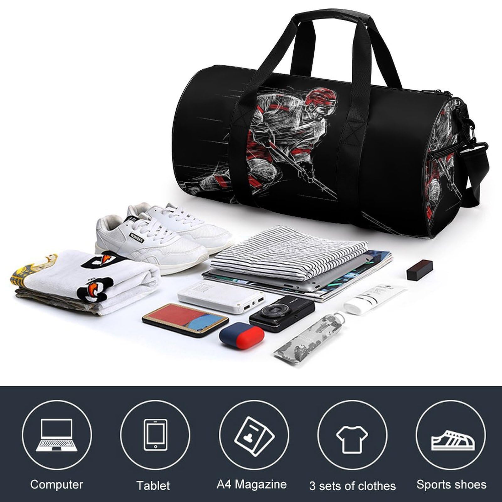 Hockey sur Glace Sac De Sport Gym Sac De Voyage Sac Week-End Duffel Bag pour Camping Randonnée Voyage 45x23x23cm