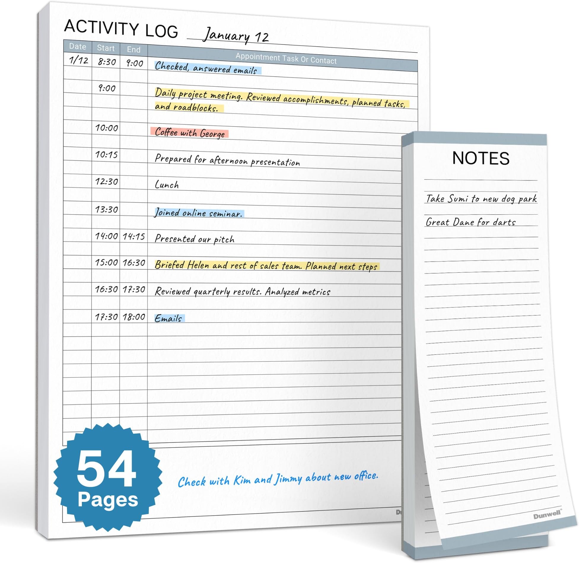DunwellActivity Log Notepad (8.5x11"), 54 Sheets, Time Sheet Pad, Desktop To Do Task Planner, Use for Daily Tasks, Home, Office, and Shop Appointments