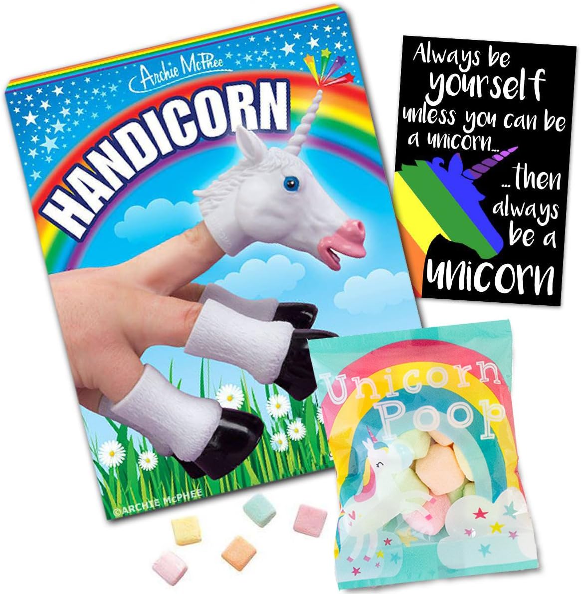 Handicorn Finger Hand Puppet with Unicorn Poop Candy & Sticker - 3 pc Bundle - Great Gift by Unicornucopia