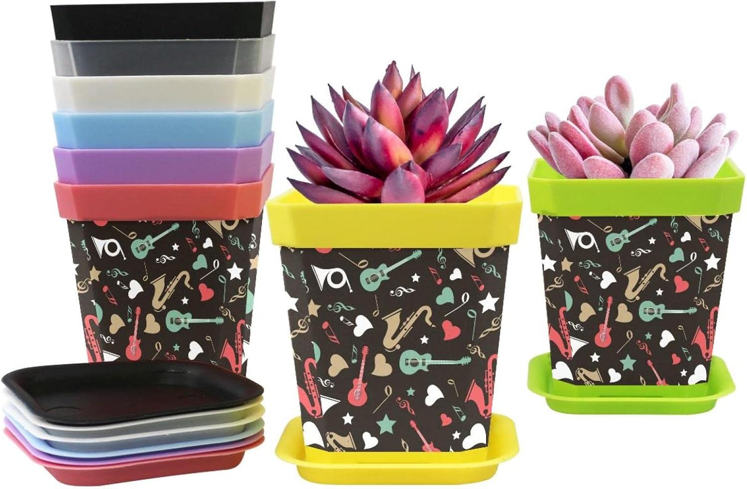 8 piezas con múltiples agujeros de drenaje y macetas de bandejas para flores de jardín, suculentas, macetas, instrumento de guitarra y música