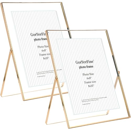 Gold 8x10'' Floating Frame Set of 2, For Photo Sizes ( 5x7'' ,6x8'' 7x9'' up to 8x10''), Beautiful Metal Lace Edge Frames Adjustable Tabletop/Shelf Photo Frame, Classy Gift Choice for Wedding,
