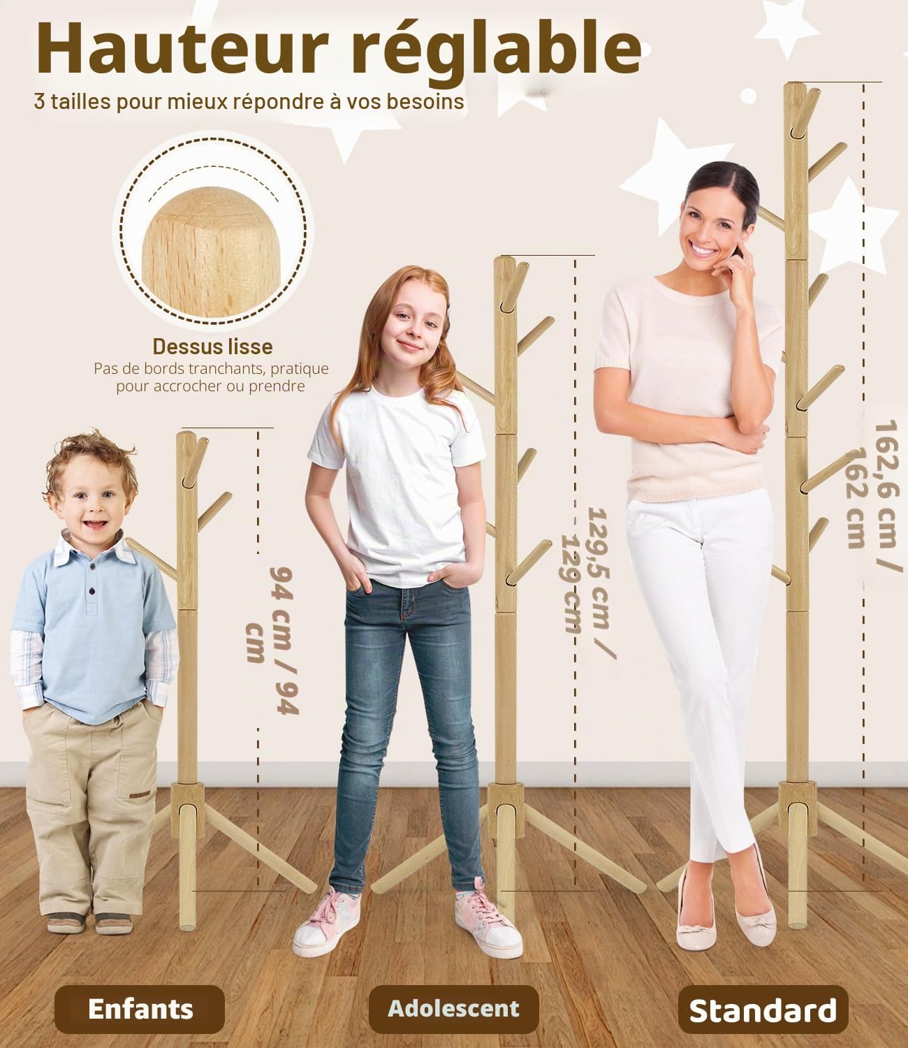 Porte-manteau en bois de hêtre pour enfants – Support à hauteur réglable avec 9 crochets, organiseur de vêtements pour enfants autonome pour couloir, chambre à coucher, assemblage facile