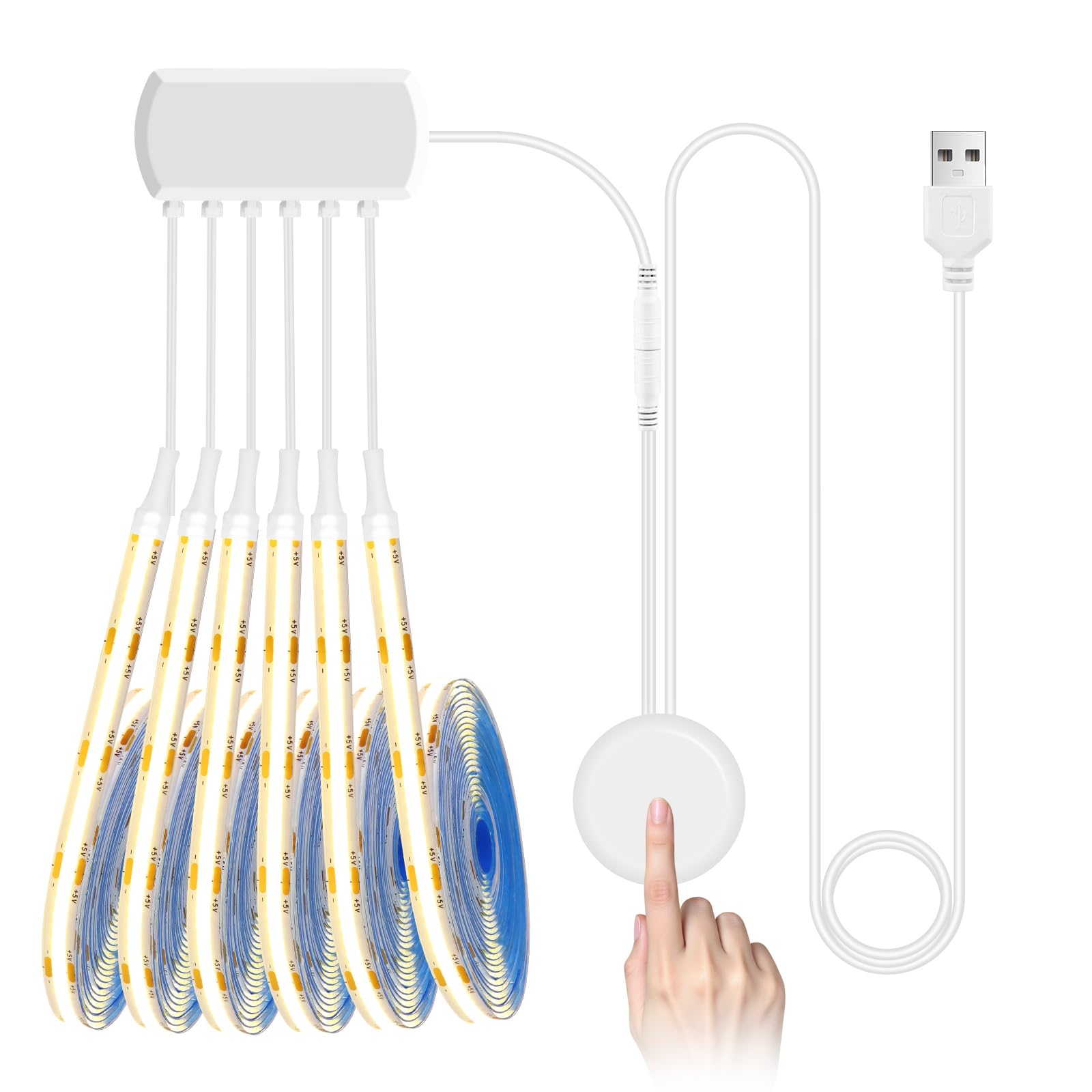 YGYCOBST 6 Rolls 2M Warm White COB LED Strip Kit，5V USB COB LED Strip Light with Hide Touch and Hand Sweep Dimmer Switch for Acoustic Panel，Shelves，Showcases，Cabinet Decoration Lighting