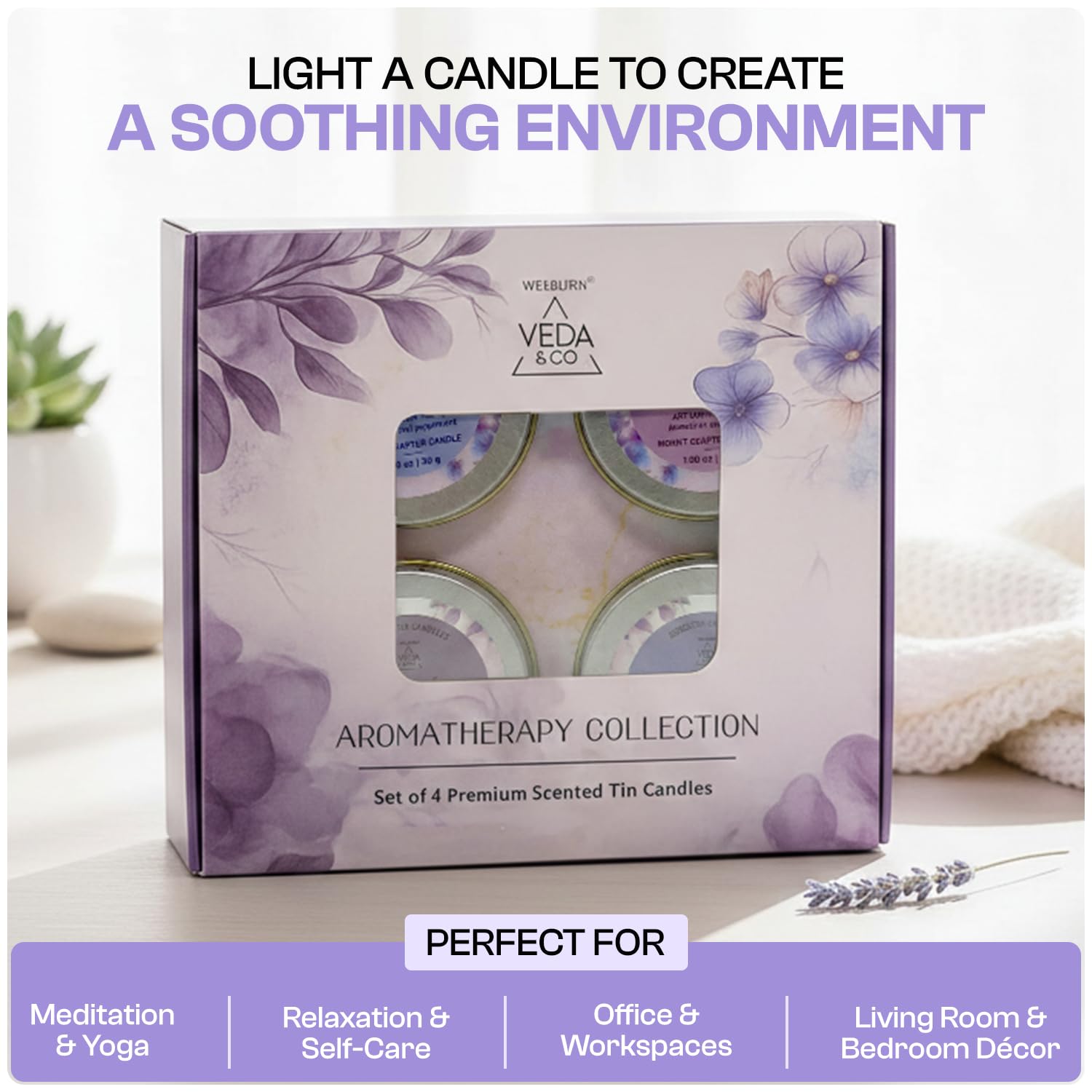 Welburn Veda&Co® Aromatherapy Mini Tin Candles (4 Pack) | Long Lasting Scented Candles | Aromatherapy Candles for Home Décor, Office, Meditation Relaxation, Yoga & Festive Gifting 1
