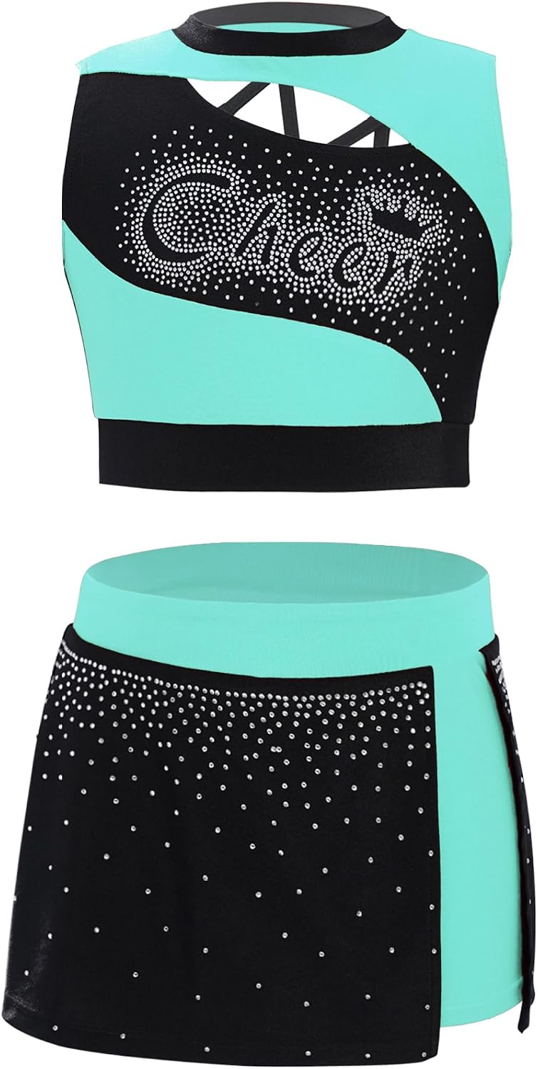 Kids Girls Cheerleading Outfit Sparkle Crop Top with Skirt Set Cheering Dance School Uniform Fancy Dress