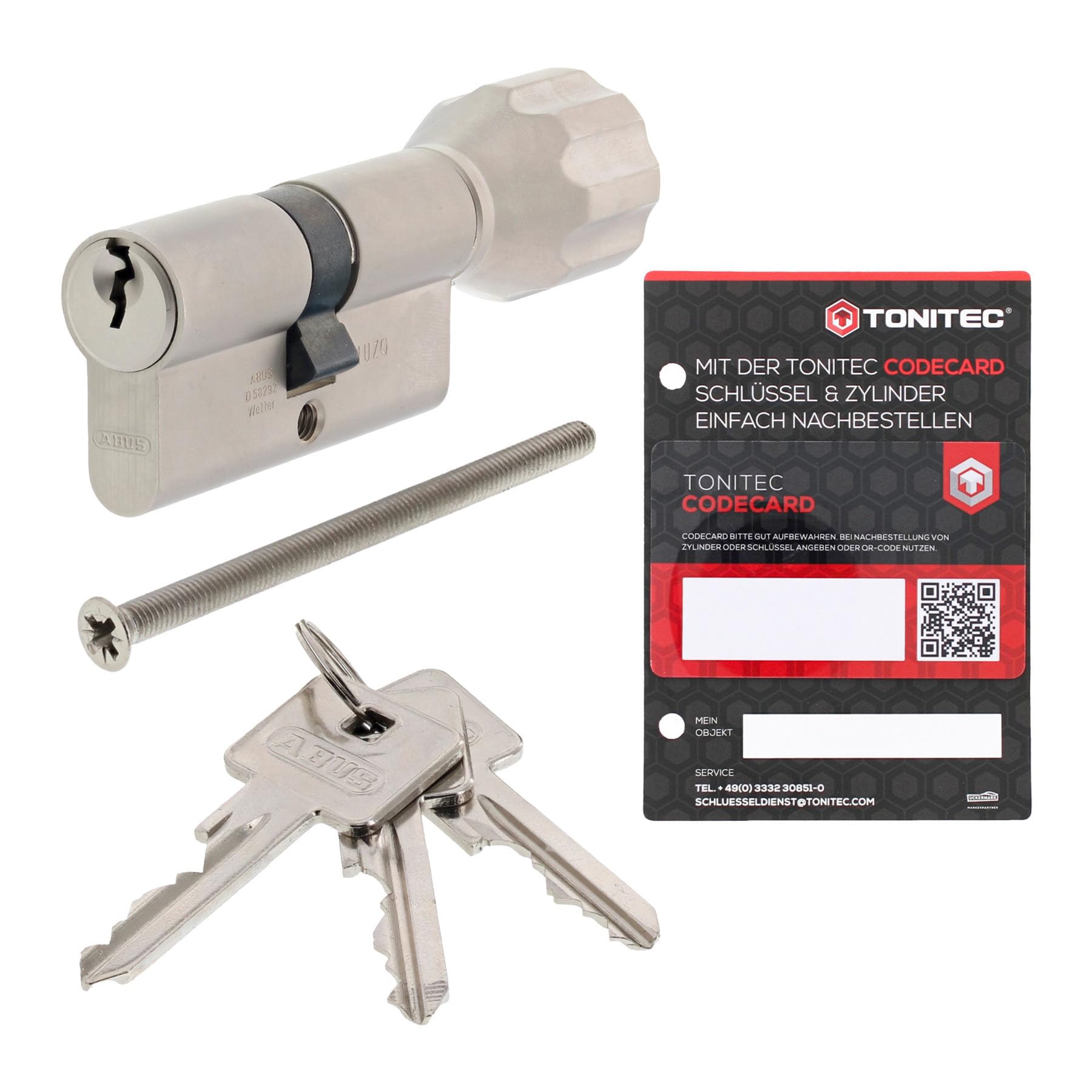 ABUS A93, cilindro di chiusura uguale personalizzato, serratura per porta con 3 chiavi e Code Card ToniTec, cilindro con pomolo di profilo C73, dimensione 70/50K mm
