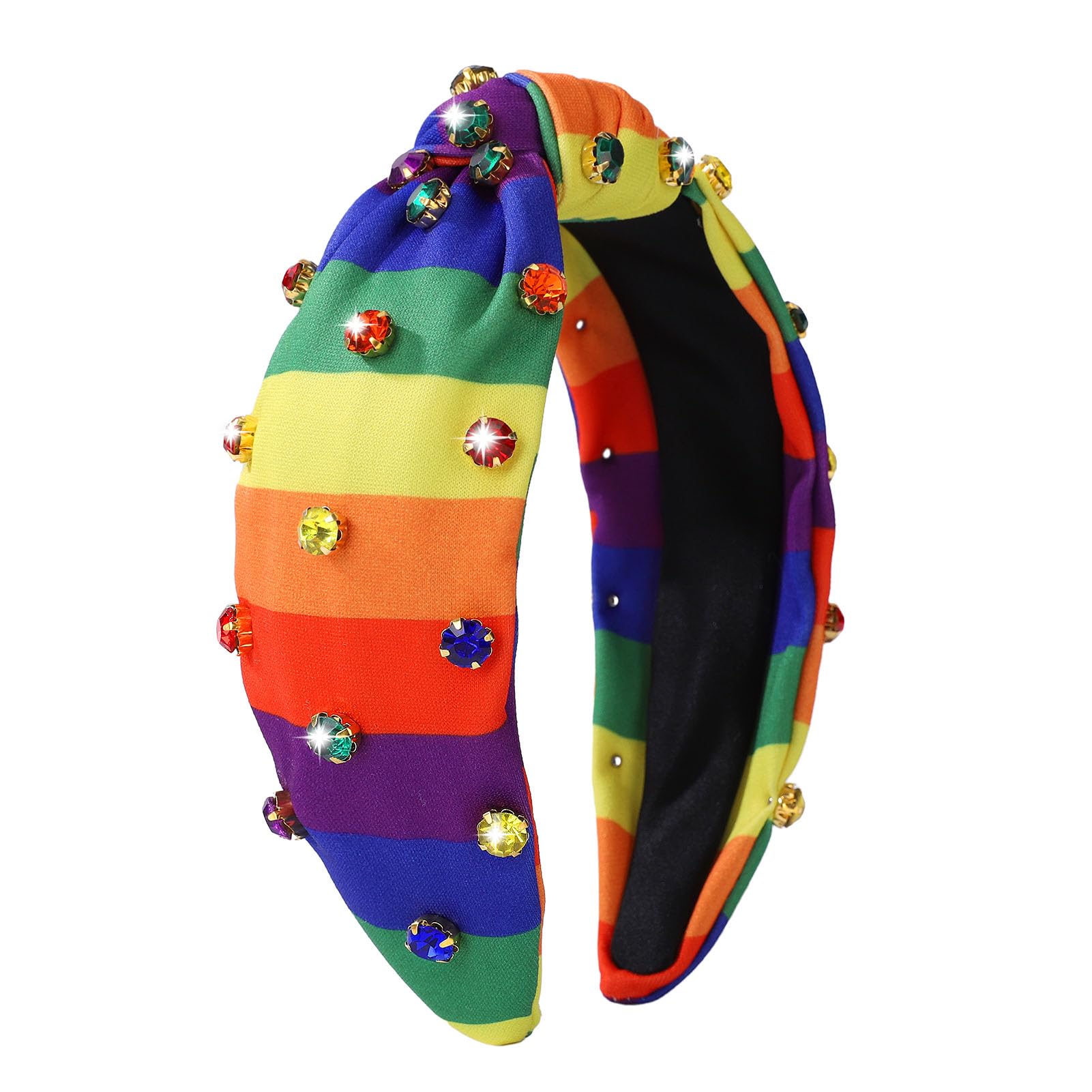 winthrop Striped Rainbow Pride Headband with Rhinestones – Patriotic LGBTQ+ Top Knot Hairband for Women, Gay Pride Festival and Parade Accessory