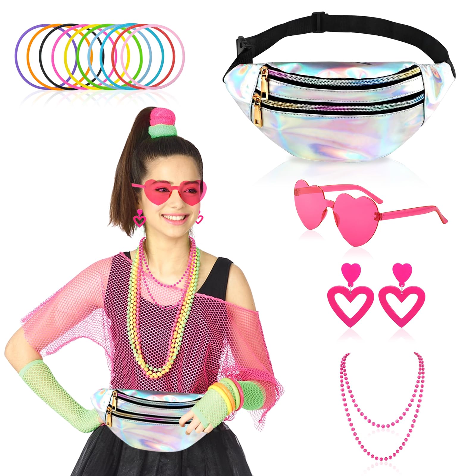 80s Fancy Dress for Women, 80s Accessories, 90s Fancy Dress Women with Fanny Pack, Pink Heart Glasses, Necklace, Neon Earrings, Bracelets Outfits Accessories Set for Carnival Festival Neon Party