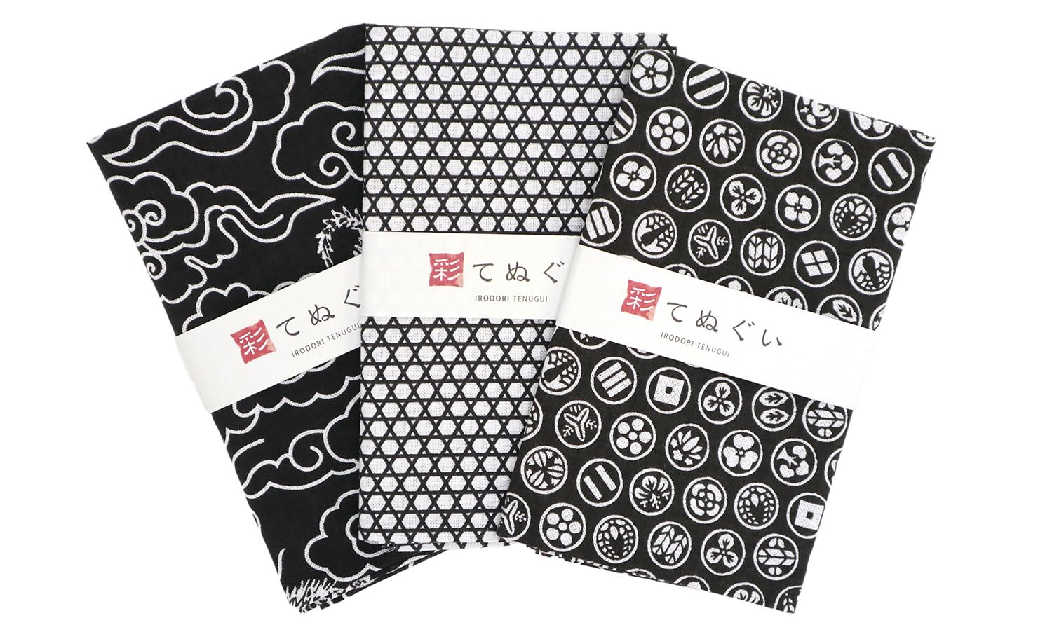 Japanese Komon Tenugui Cotton Hand Towel Set of 3 Black 13x35in Made in Japan