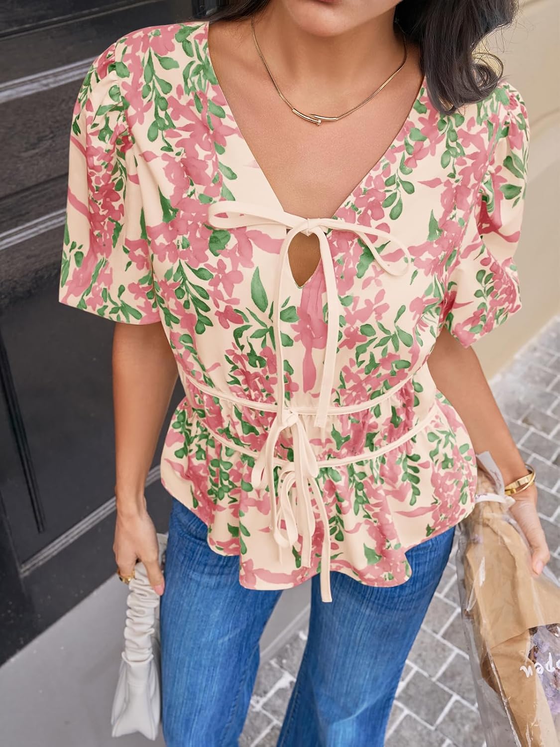 Cicy Bell Womens Puff Sleeve Tie Front Tops Summer Babydoll Peplum V Neck Blouse Casual Dressy Pleated Floral Print Shirts - Image 5