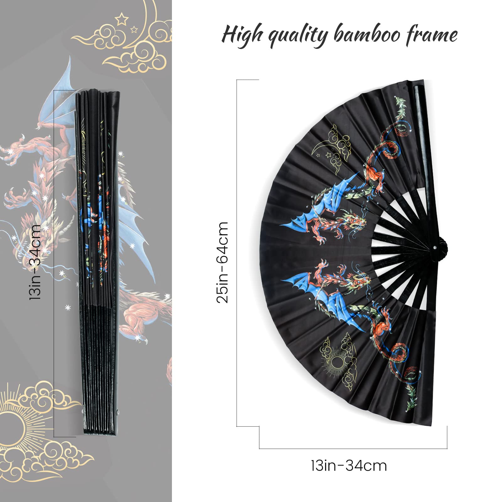 SYNTECSO Folding Hand Fan for Rave, UV Glow Fan, Large Bamboo Fan for Drag Queen, Women and Men Gift?Chinese Japanese Clack Fan for Parties, Music Festivals, EDM and Decoration