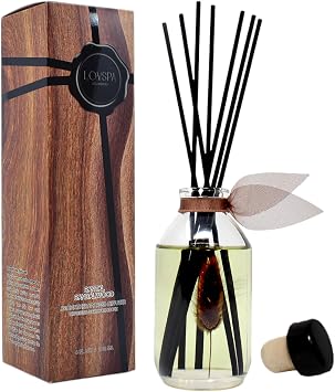 Reed Diffuser Set, Santal Sandalwood Scented Oil Diffuser with Sticks, Home Fragrance Accessories for Bathroom Shelf Decor, Aroma Diffusers for Home or Office Fall Decor, USA Made