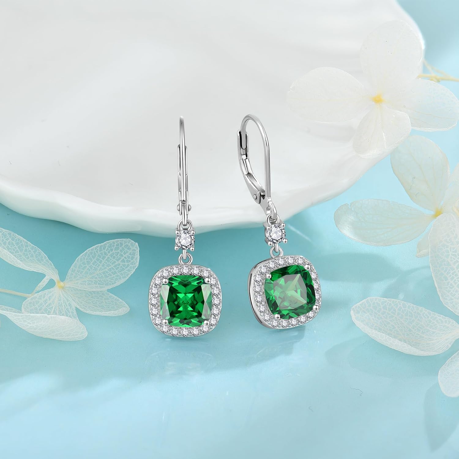 Women Leverback Earrings 925 Sterling Silver Princess Cut Halo Earrings Birthstone Dangle Drop Earrings for Women Her Mom Wife