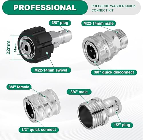 Miniatura 3 de Versión mejorada 2025, kit de conexión rápida para lavadora a presión, juego de adaptadores de hidrolavadora de acero inoxidable, giratorio M22 de